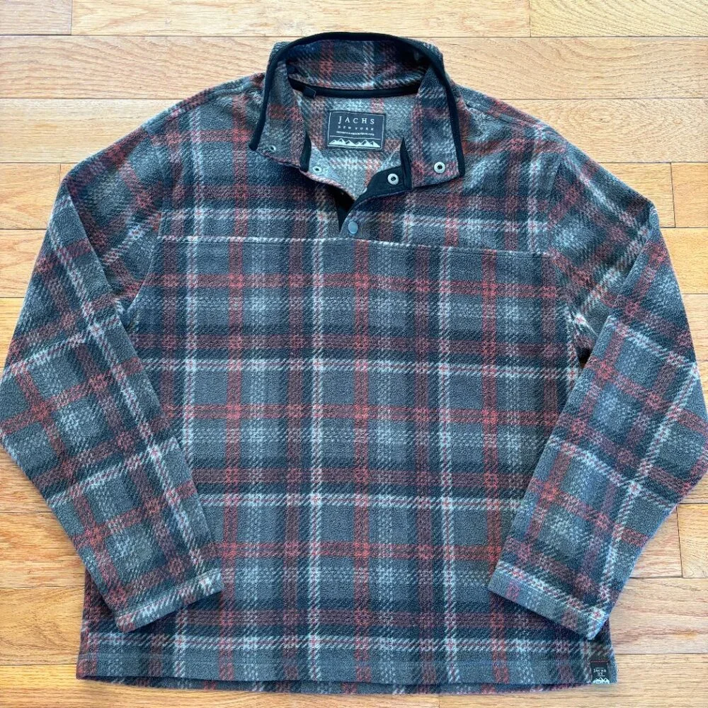 JACHS New York Mock Neck Fleece Pullover‎ Mens M Grey Plaid Cozy Snap Button